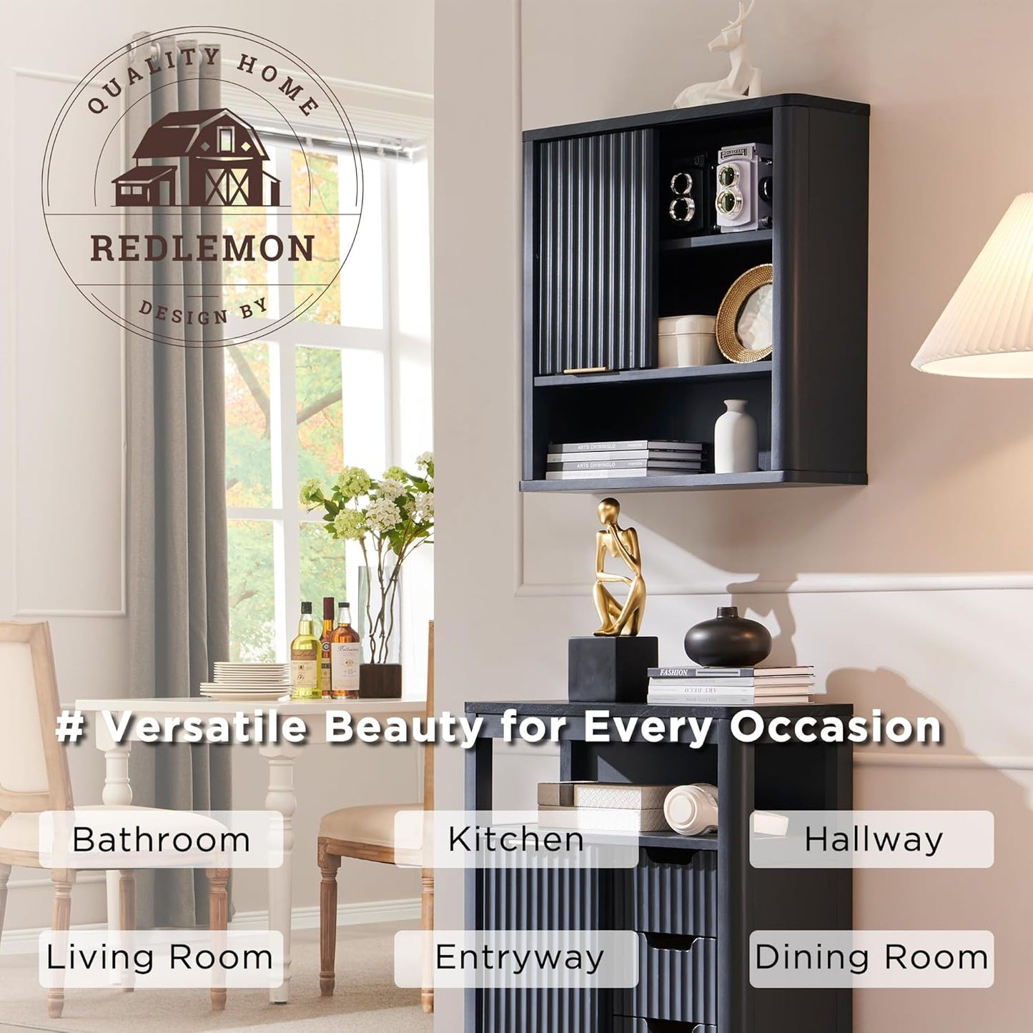 RedLemon Bathroom Wall Cabinet w/Fluted Sliding Door, Modern Medicine Cabinet w/Faux Marble Top & Adjustable Shelf, Curved Profile Wall Mounted Storage Organizer, Dark Grey