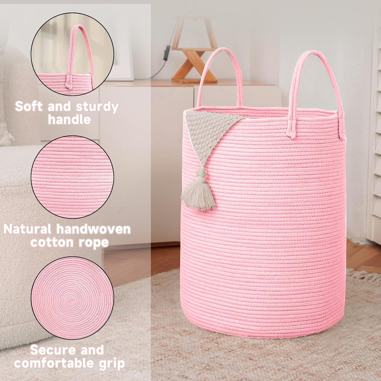 Large Woven Laundry Basket Hamper,60L Cotton Rope Storage Bin for Blankets,Toys and Clothes,Decorative Tall Nursery Hamper for Living Room,Baby Nursery,Bathroom and Bedroom,Pink