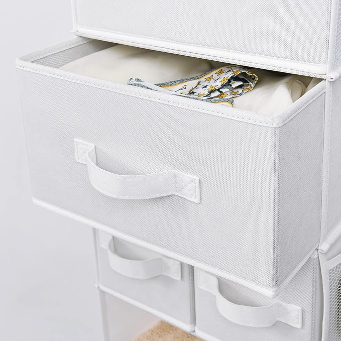 GRANNY SAYS Hanging Closet Organizer and Storage, 6 Shelf Clothes Organization with Drawers, 6 Side Pockets Closet Hanging Shelves for Bras, Socks, Underwear, Nursery Room, Wardrobe, White, 1-Pack