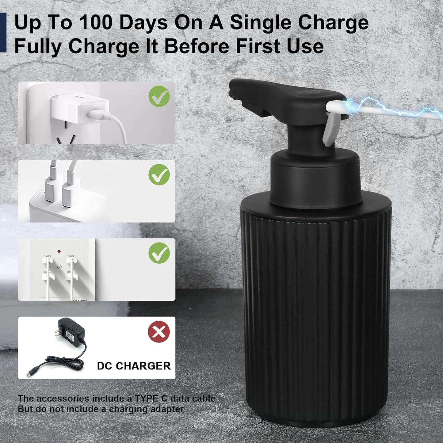 Automatic Soap Dispenser Liquid Touchless: 9oz Black Plastic - Rechargeable Electric Smart 3 Level Adjustable Auto Hand Soap Dispenser - Dish Bathroom Kitchen
