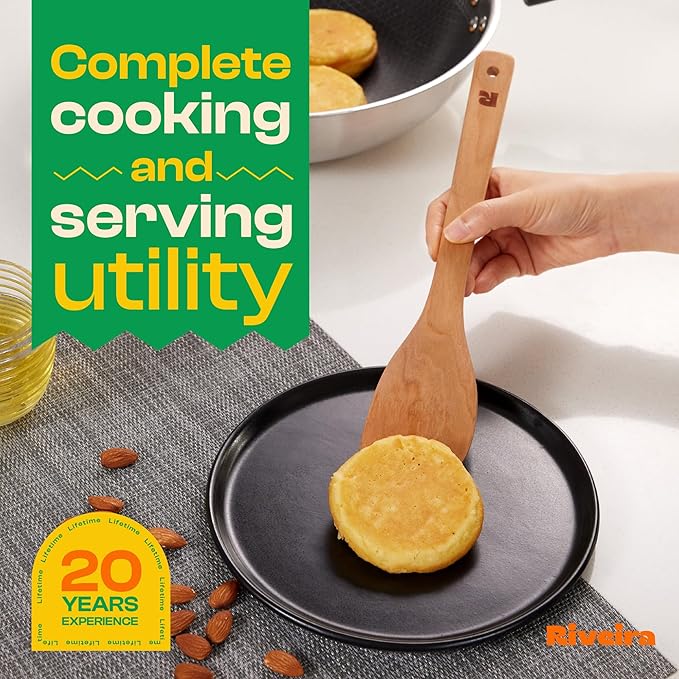 Riveira Cherry Wooden Spoons for Cooking Set of 9 – Natural Cherry Wooden Cooking Utensils, Wooden Spatula, Wooden Spoon - Premium Quality Wooden Utensil Set for Non-Toxic Cooking