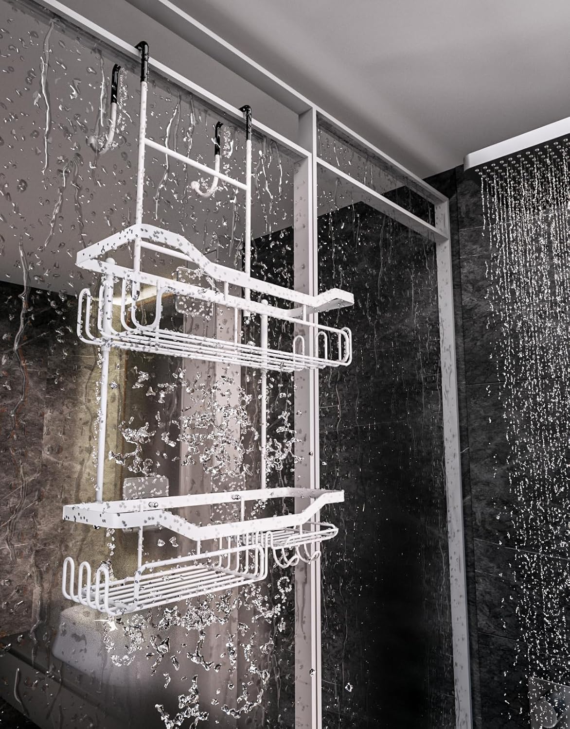 HapiRm Hanging Shower Caddy Over the Door with Soap Holder, No Drilling Adhesive Shower Organizer with 11 Hooks, Rustproof & Waterproof 304 Stainless Steel Bathroom Shelves - White