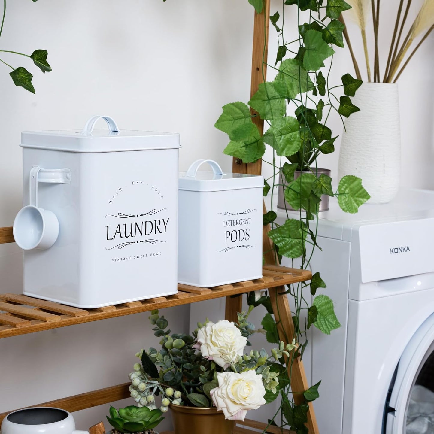 Meraki Home Laundry Detergent Container Set ā 2-Pack Detergent Holder with Scoop - Laundry Detergent Sheets and Pods Container - Laundry Room Organization and Storage - Glossy White