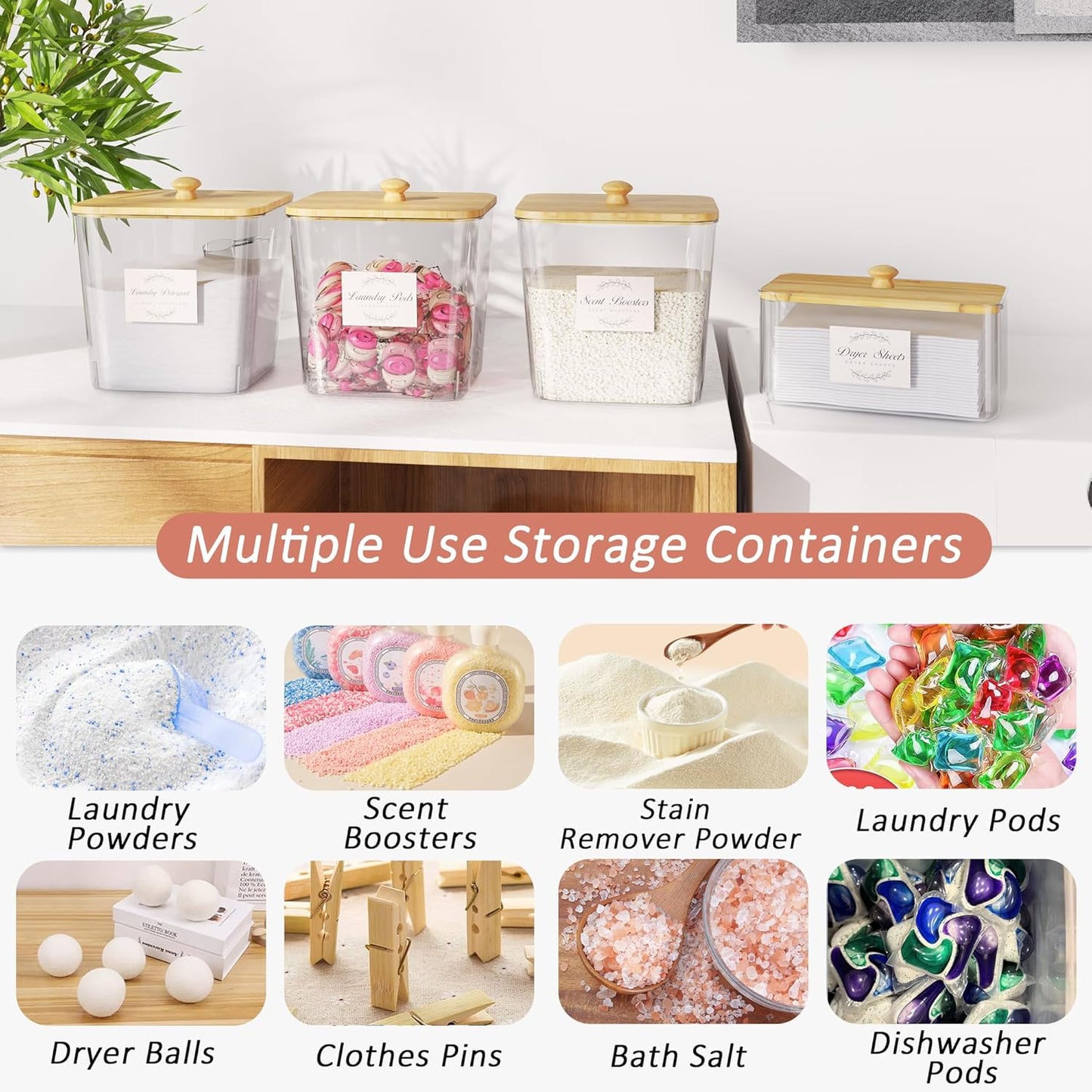 Laundry Room Organization and Storage, Laundry Pods Container and Dryer Sheet Holder with Bamboo Lids and Labels, Laundry Organizer with Scoops for Booster Beads, Powder, Pods, 4+1 Pack