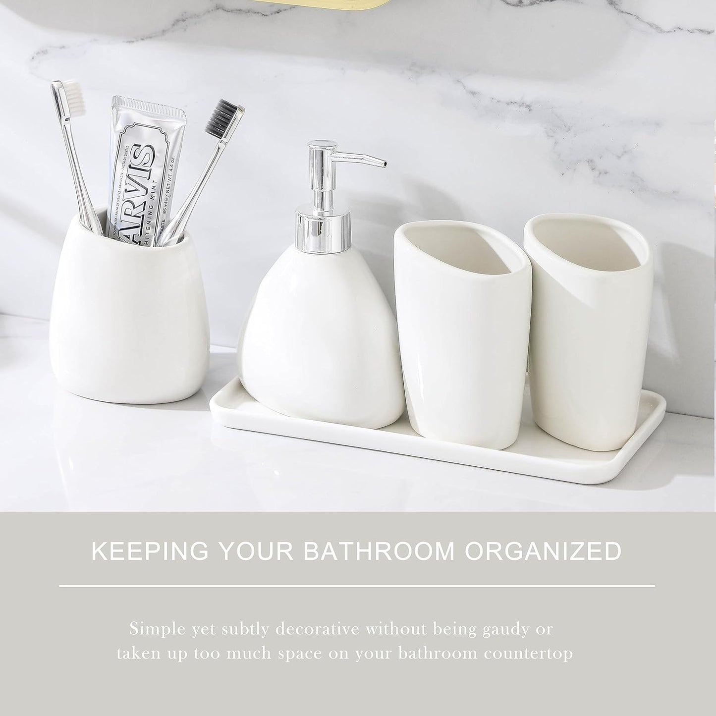 Ceramic Bathroom Accessory Set with Ceramic Tray, 6 Pieces Bathroom Countertop Accessory Set, Include Soap Dispenser, Toothbrush Holder, 2 Tumbler, Soap Dish, Vanity Tray,White
