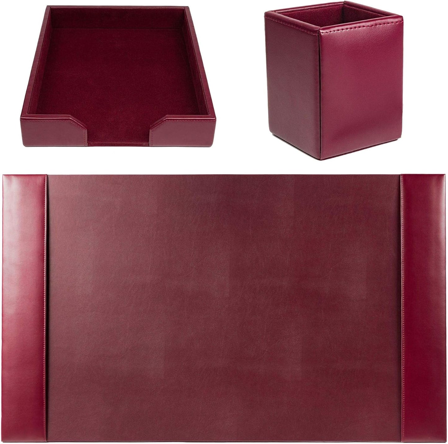 Dacasso Burgundy Bonded Leather Luxury 3-Piece Desk Accessory Set - Blotter Pad & Desk Organization Essentials - Executive Decor and Surface Protector