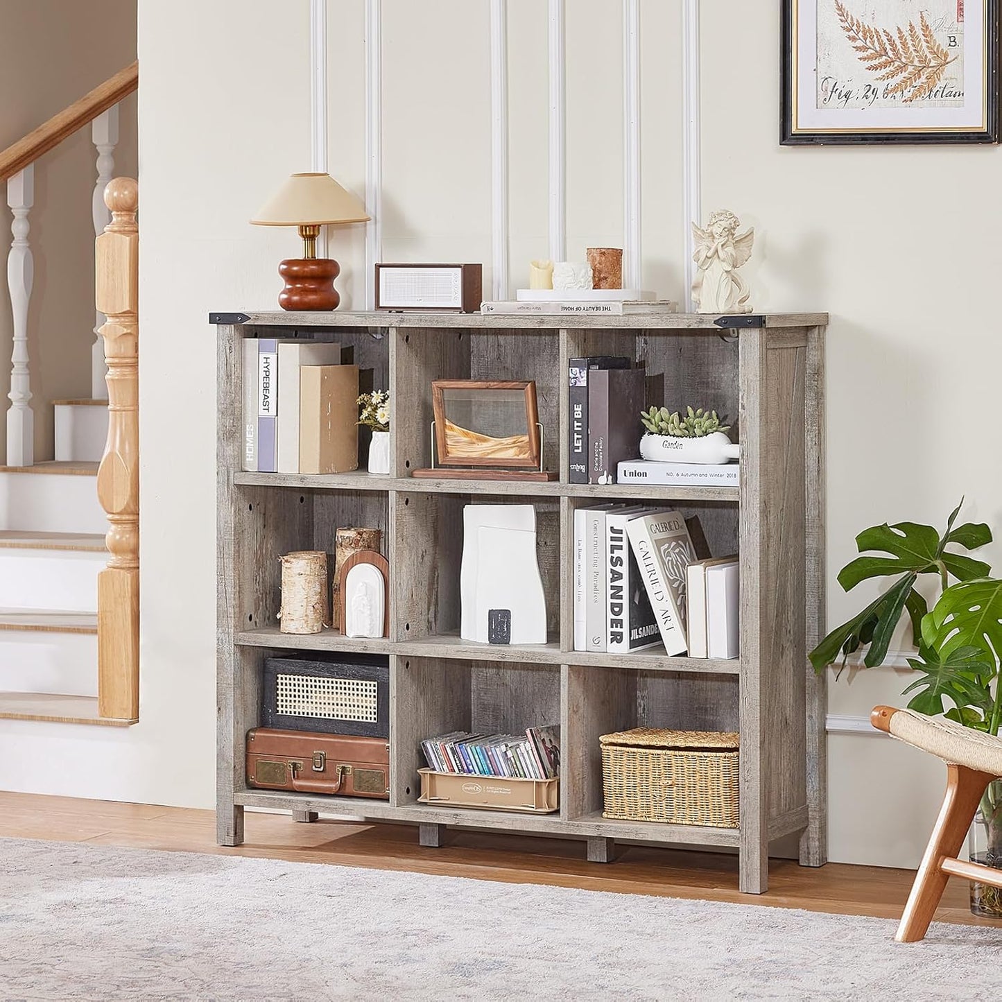 9 Cube Bookcase, Farmhouse 47 Inch Wide Grey Oak Bookshelf, Wooden 3 Tier Display Large Open Book Shelf, Vintage Horizontal Book Case for Home Office, Cubby Storage Cabinet for Living Room