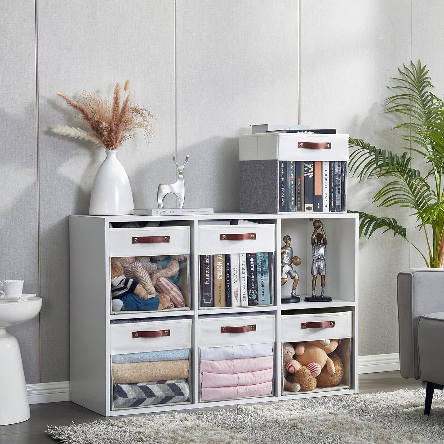 Storage Cubes, 4 Pack Linen Foldable Storage Bins (13 x 13 inch) with Clear Window and Handles, Fabric Organizer for Shelf Closet, Clothes, Books - (Gray and White)