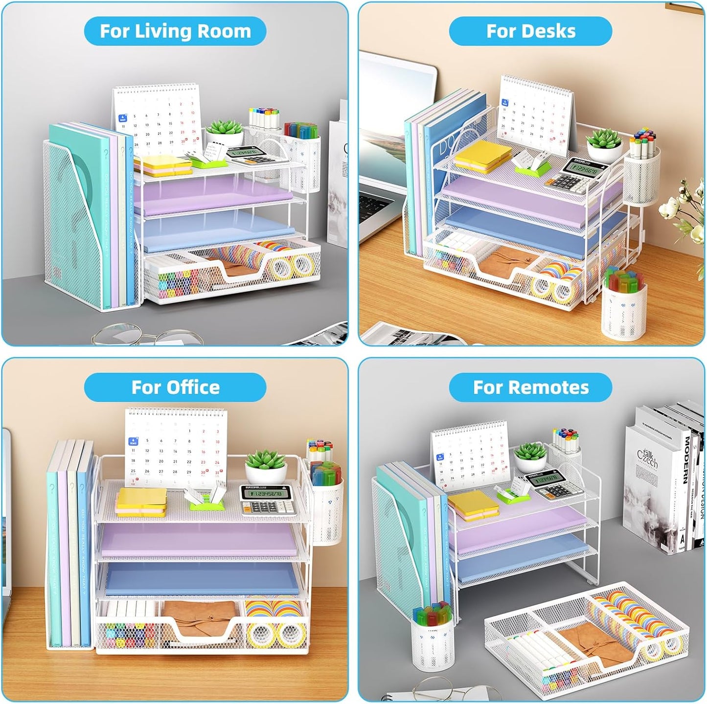 Marbrasse Desk Organizer and Accessories,4-Tier Paper Letter Tray Organizer with File Holder, Desk Accessories with Drawer and 2 Pen Holder (White, 15.4" x 9.1" x 8.3")