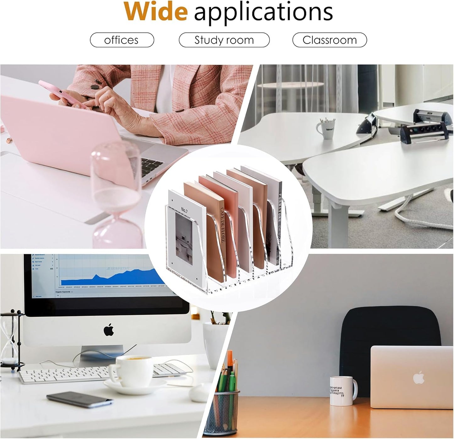 SANRUI Acrylic File Organizer, Compact Desk Organizer for Folders, Binders, Notebooks, Envelopes, Vertical Binder Storage Organizer, 6 Section Bookshelf for School Home Office Organization