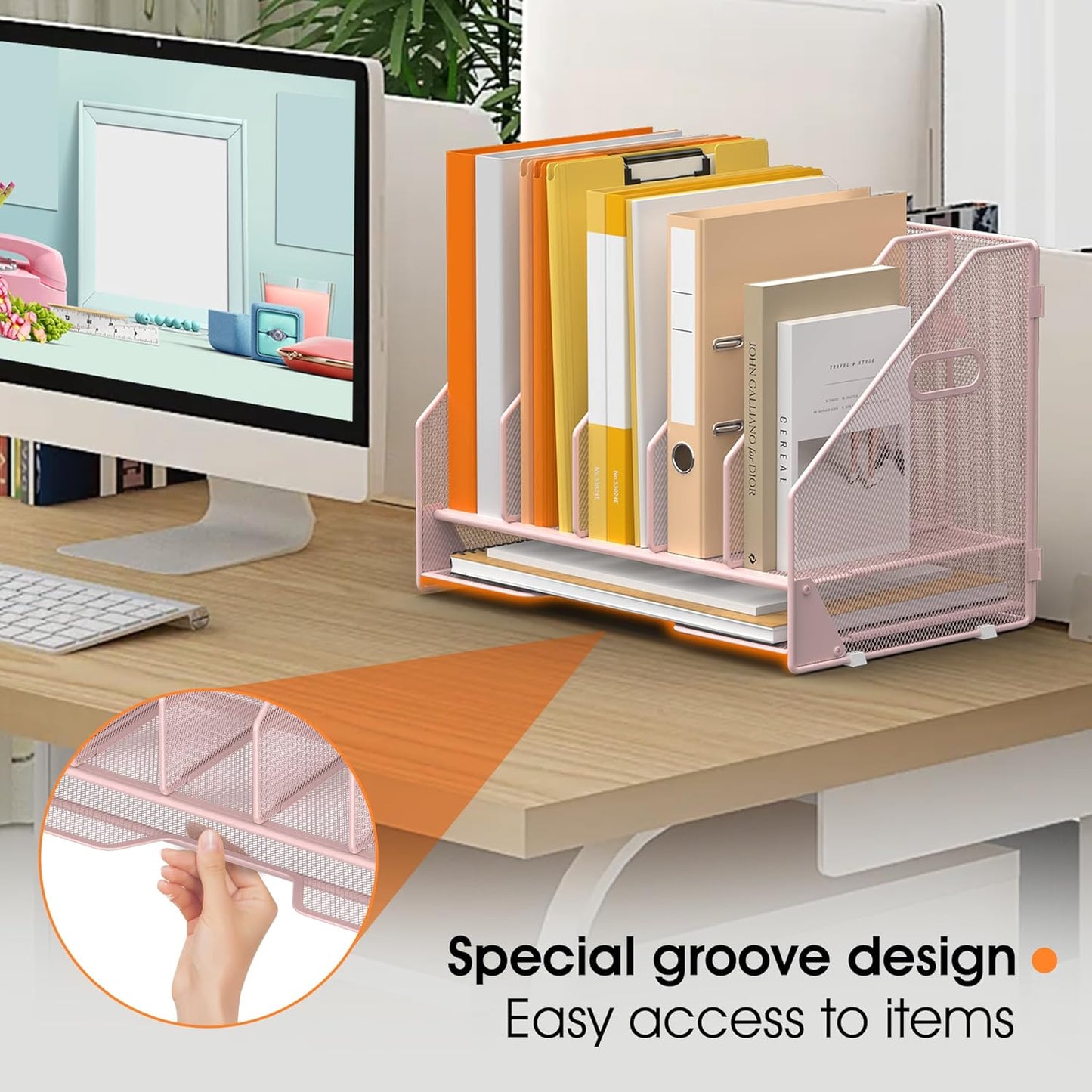 Desk File Folder Holder Organizer-5 Vertical Compartments Racks and Paper Letter Tray,Mesh Magazine File Holder Sorter,Desktop Accessories & Workspace Organizers for Home,Office,School-Pink