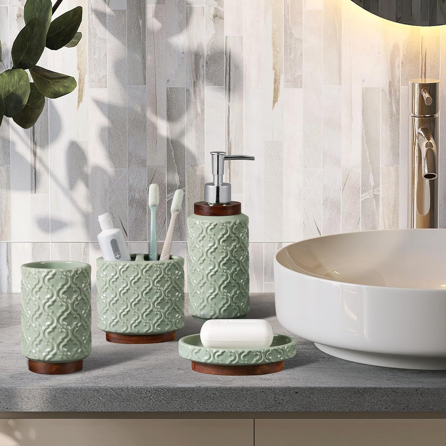 Bathroom Accessories Set 6 Pieces Toothbrush Holder Soap Dispenser Ceramic Bathroom Accessory Set Contain Toothbrush Cup Soap Dish Tumbler Green