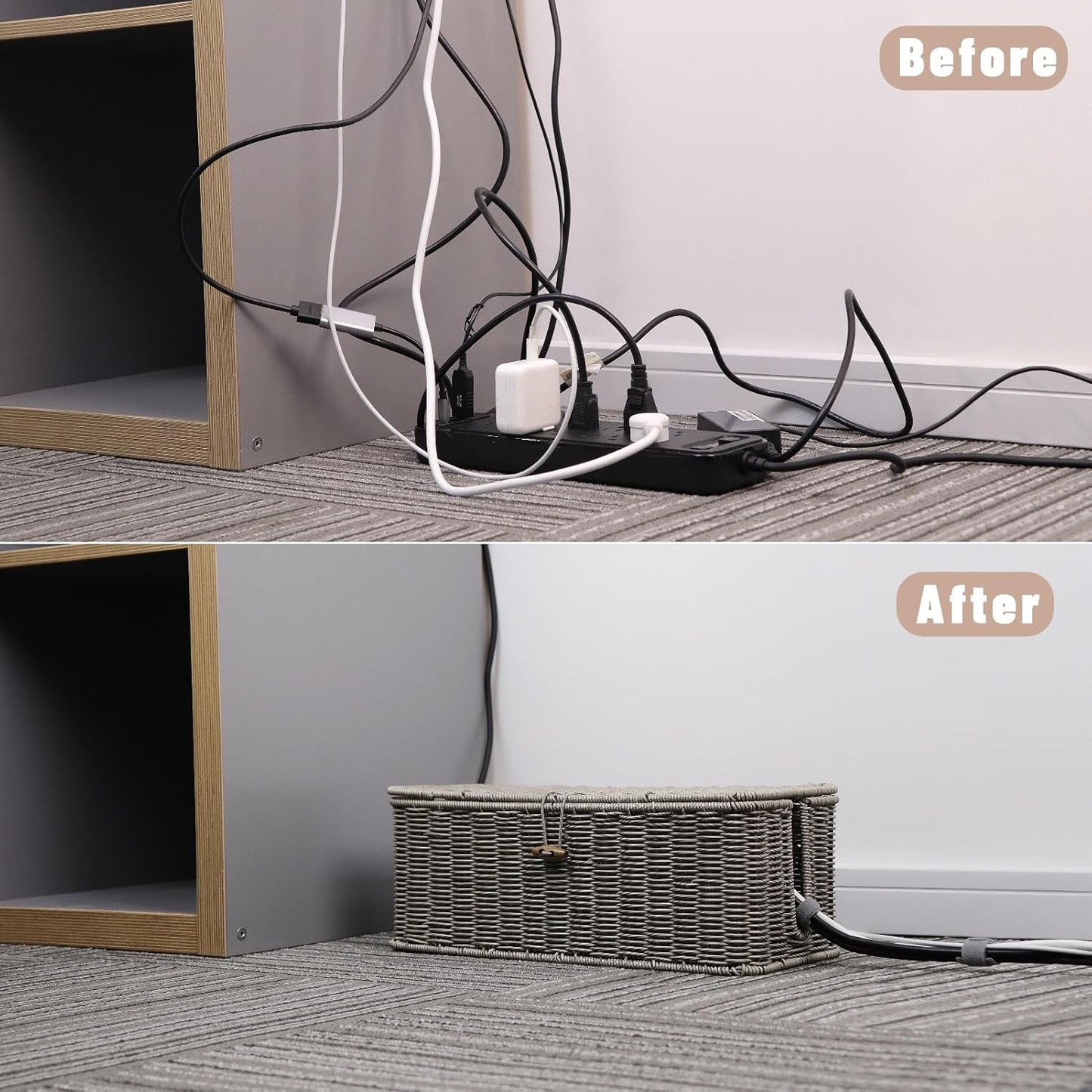 BROWNLILY Cable Management Box, Rattan Style Cord Organizer for Desk Cord Hider Outlet Covers Baby Proofing for Power Strip TV PC Router Charger Under Desk Storage with Lockable Lid and Cable Ties