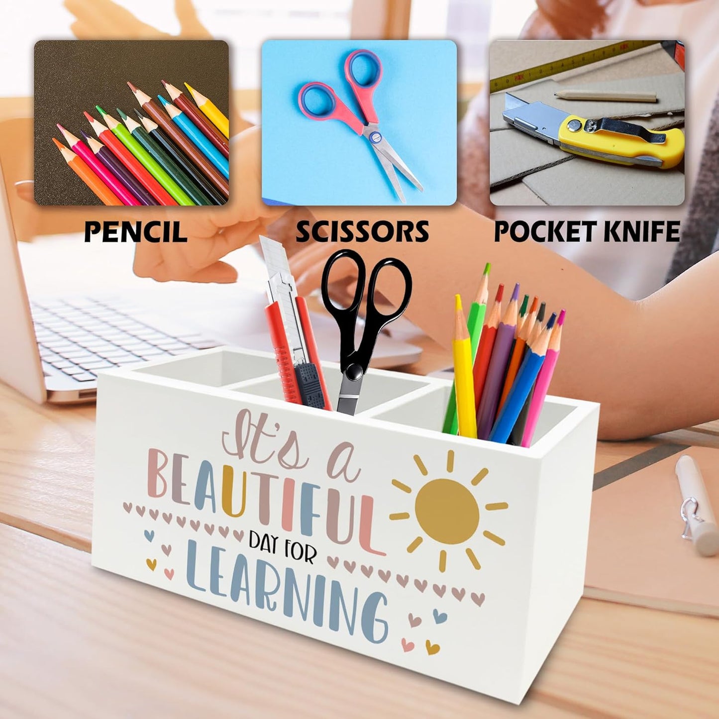 Boho Classroom Pen Pencil Holder Organizer for Desk, It's a Beautiful Day for Learning Wooden Box Signs Decorations for Home Office Desk Tabletop, Boho Classroom Decor
