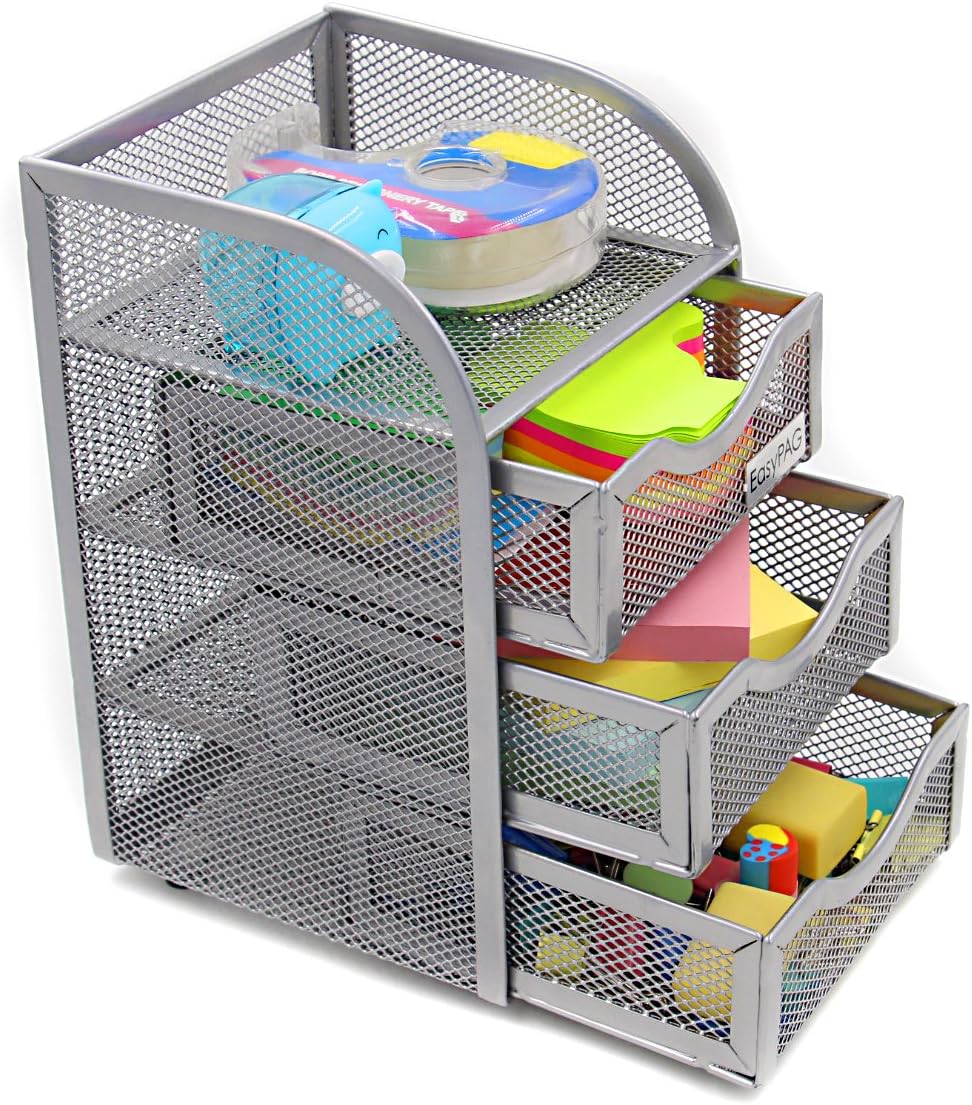 EasyPAG Mesh Desk Organizer with 3 Drawer Office Desktop Organizers and Accessories Stationery Caddy for Office, Home, Students, Silver