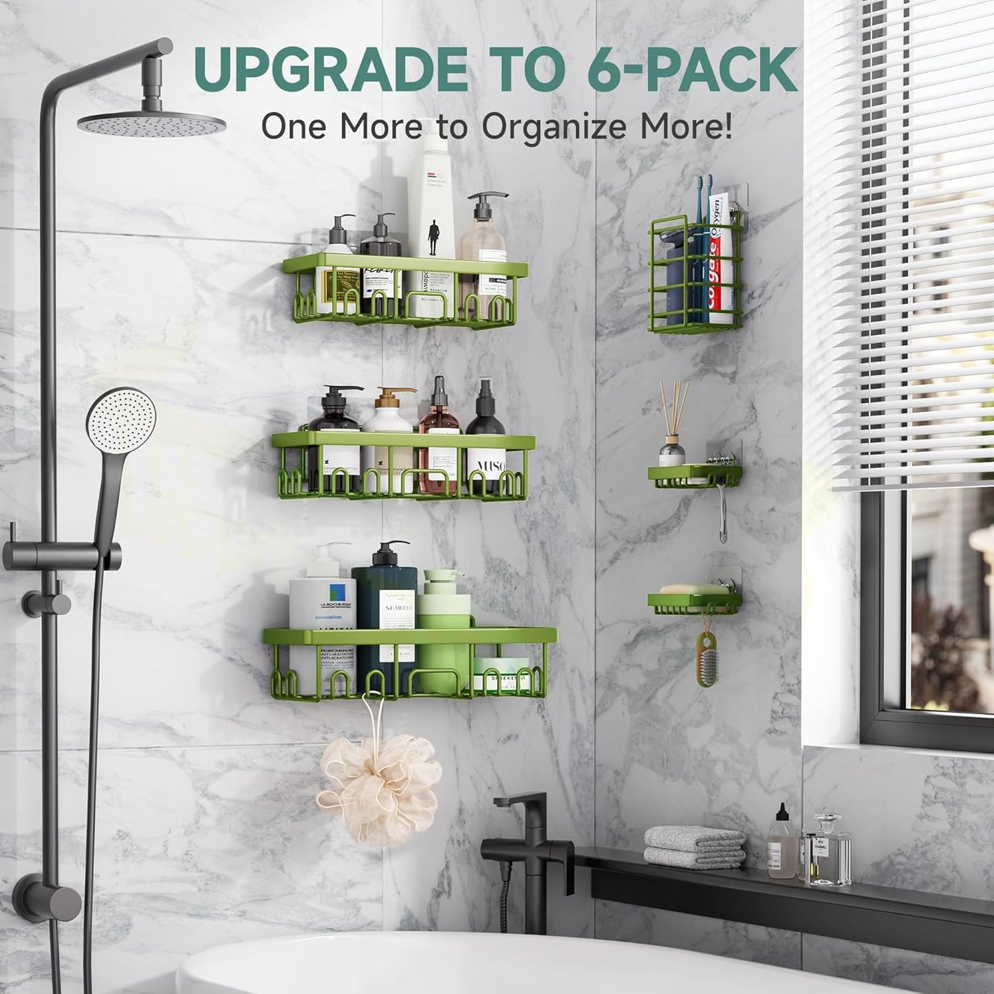 Veken Rustproof & Waterproof Shower Caddy 6-Pack, No Drilling Adhesive Shelves Rack with Soap Holder, Large Capacity Bathroom Organizers and Storage, Wall-Mounted Kitchen & Home Decor, Green