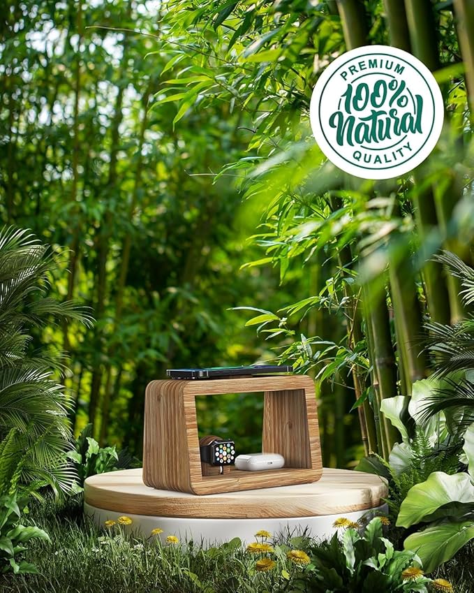 Bamboo Wireless Charging Station: 3-in-1 Wireless Charger with Night Lights - Fast Charging Stand Compatible with iPhone 16/15/14/13/12 Pro Max/X/Xs Max/8, AirPods Pro, Watch Series 10/9/8/7/6/5-2/SE