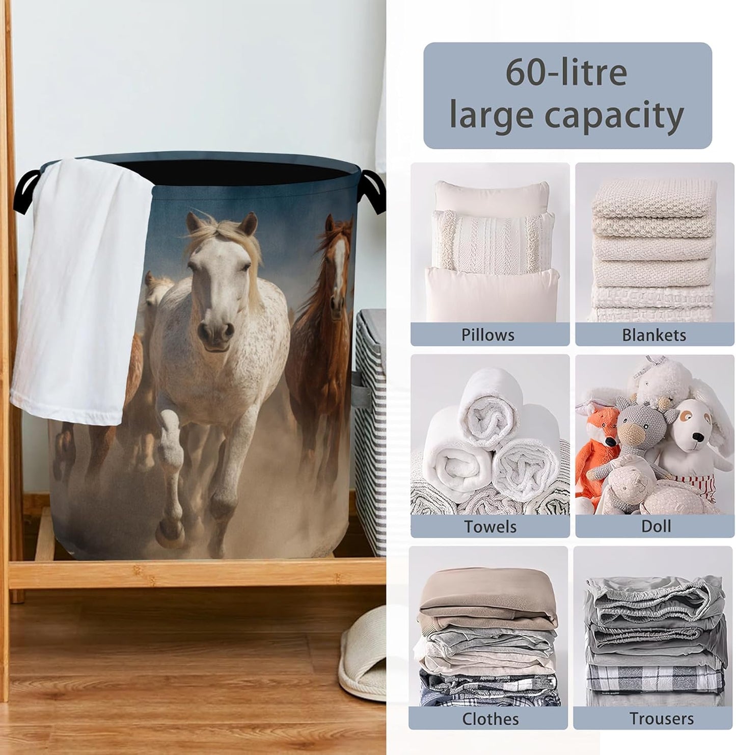 Running Horse Laundry Hamper,Dirty Clothes Laundry Basket with Handles Waterproof Oxford Cloth Storage Basket for College Dorms Bathroom Bedroom 16" x 20.8"