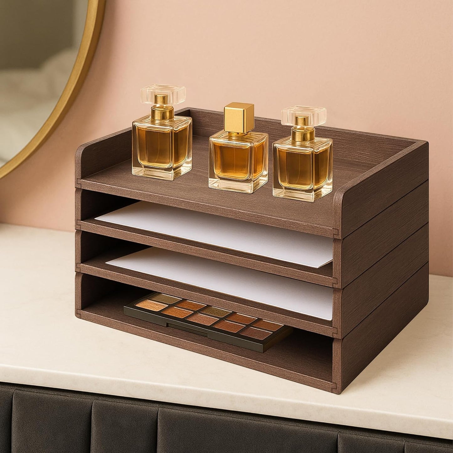 PROLEE Wooden Paper Tray Organizer for Desk,Stackable Paper Holder and Letter Tray,4-Tier Desktop File Storage Rack for Study,Home and Office(Walnut,14" x 9.5" x 2.5")