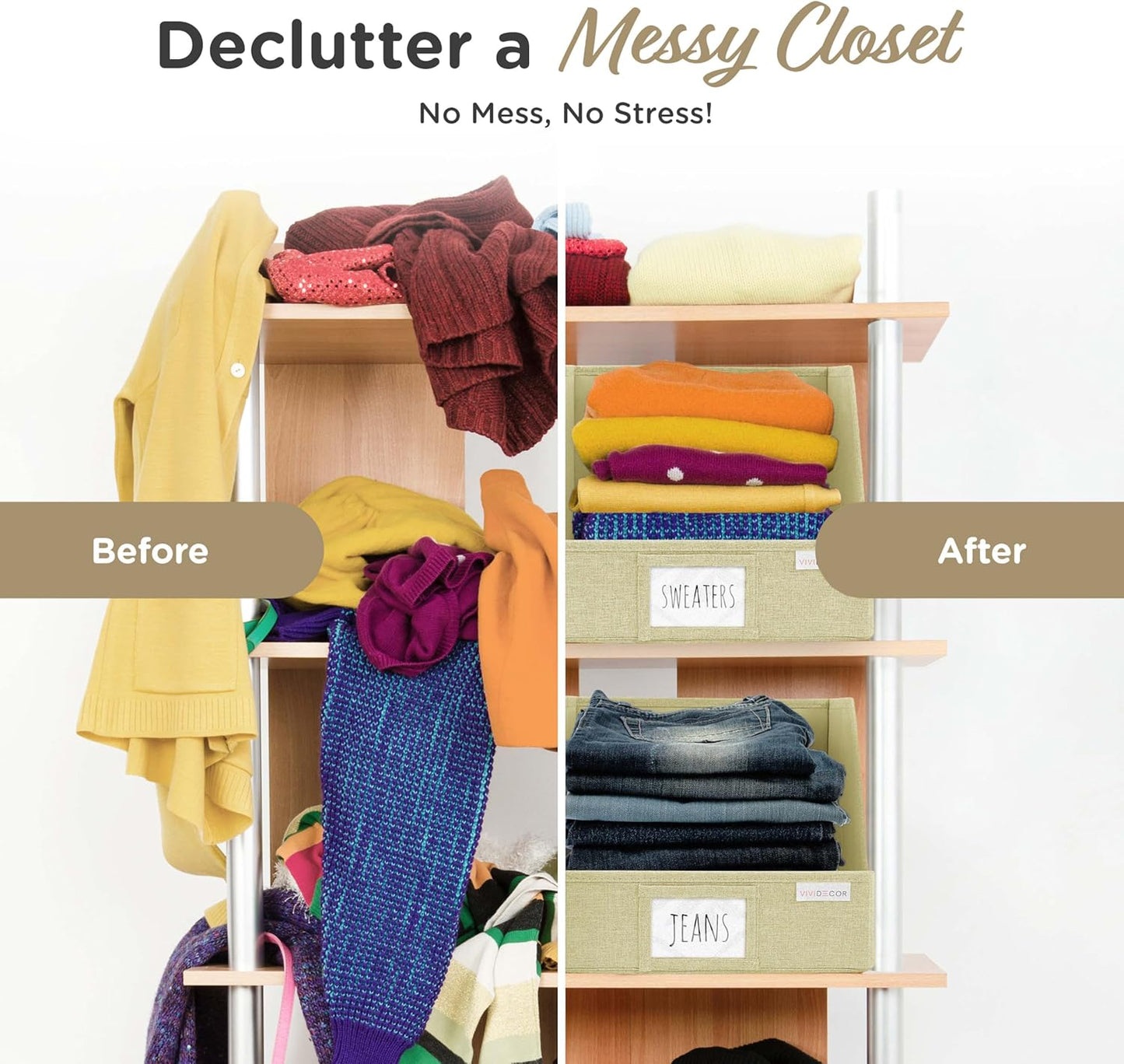 Trapezoid Closet Bins for Shelves – 12x12x10 Fabric Storage Baskets, Collapsible Organizer Boxes for Linen, Baby Clothes, Seasonal Storage – Light Beige, 3 Pack