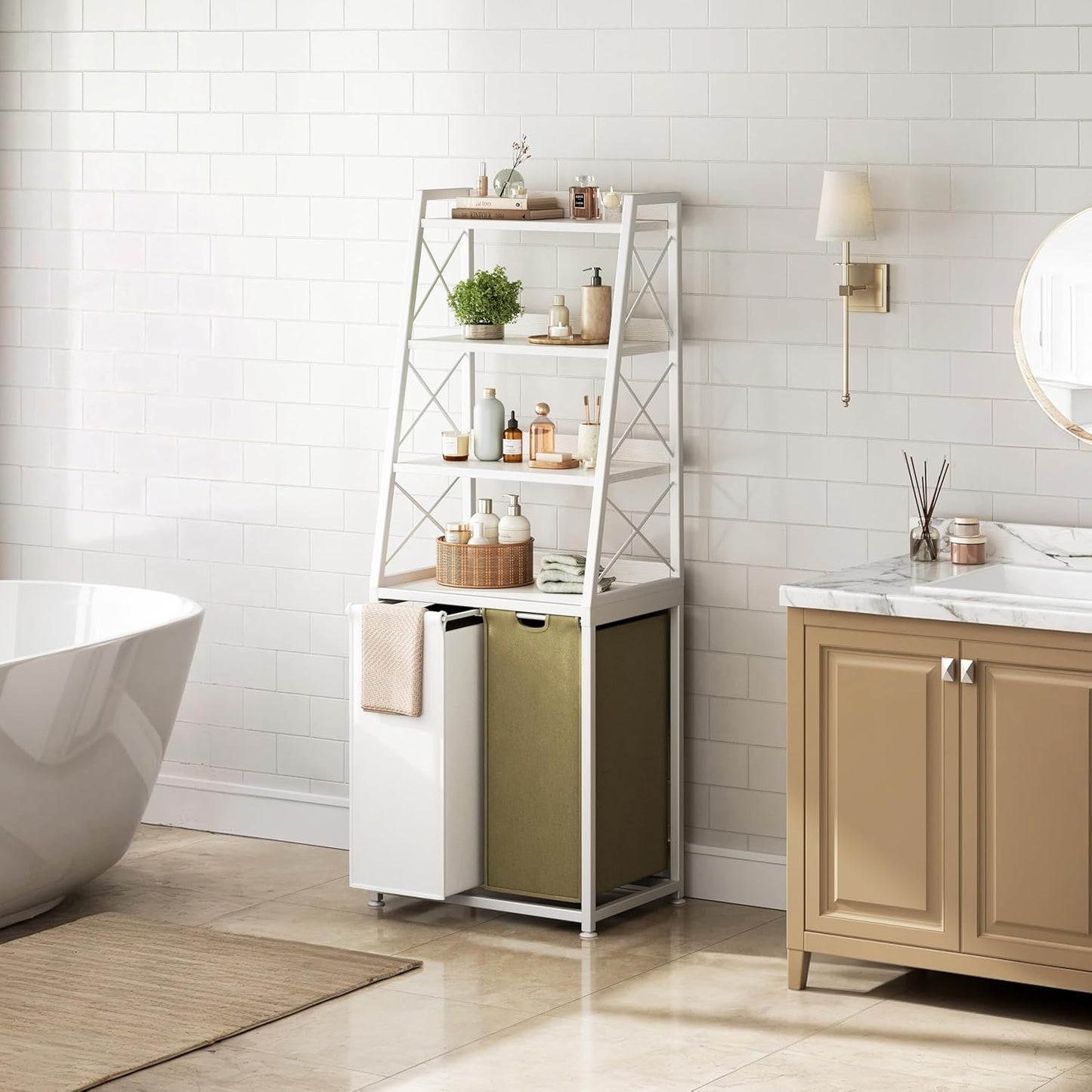 Laundry Basket, 2 Section Laundry Hamper with 4 Tiers Shelf, Pull-Out and Removable Laundry Bags, Large 2 x 15.87 Gallons, for Bedroom Bathroom White PF11XLE