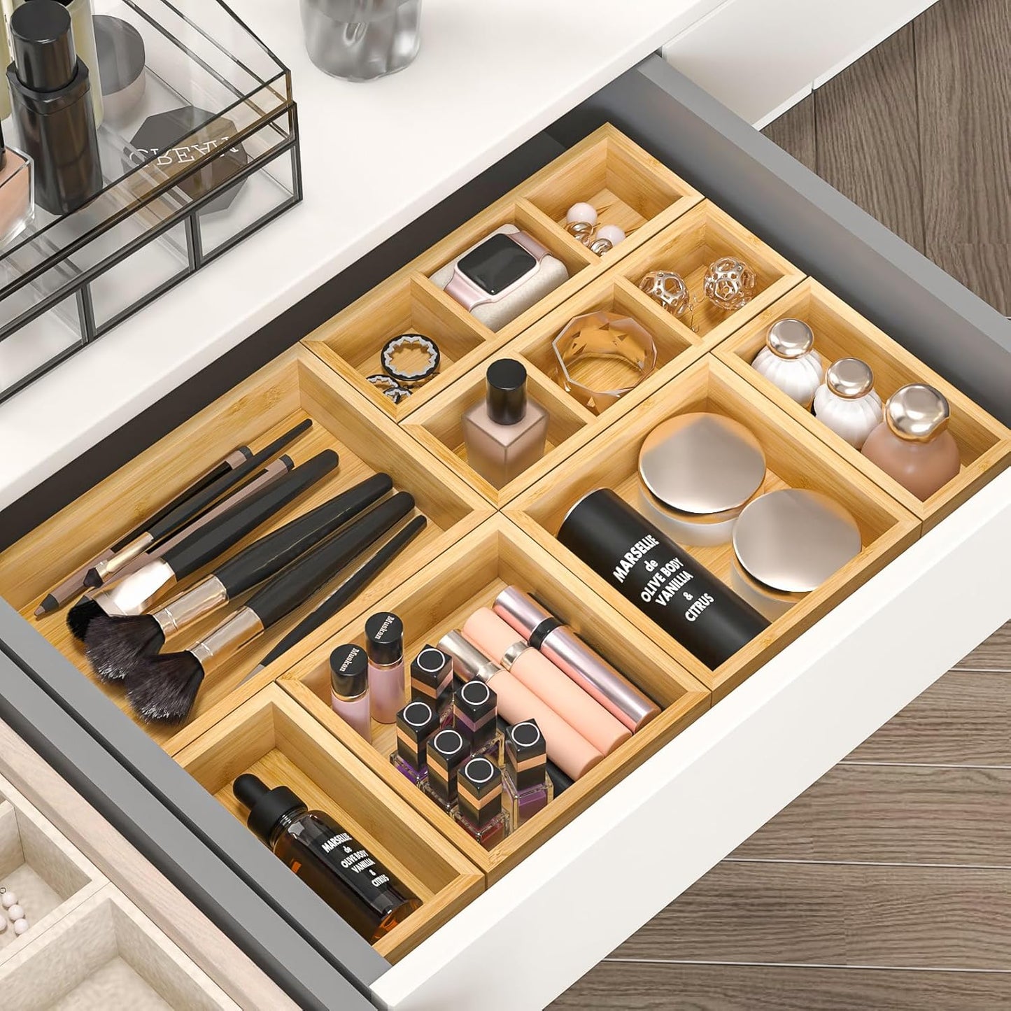 Bamboo Drawer Organizer, Set of 9 Wood Kitchen Junk Tea Desk Office Tray, Wooden Storage Boxes Organizers for Bathroom, Office (2" H 9 Boxes)