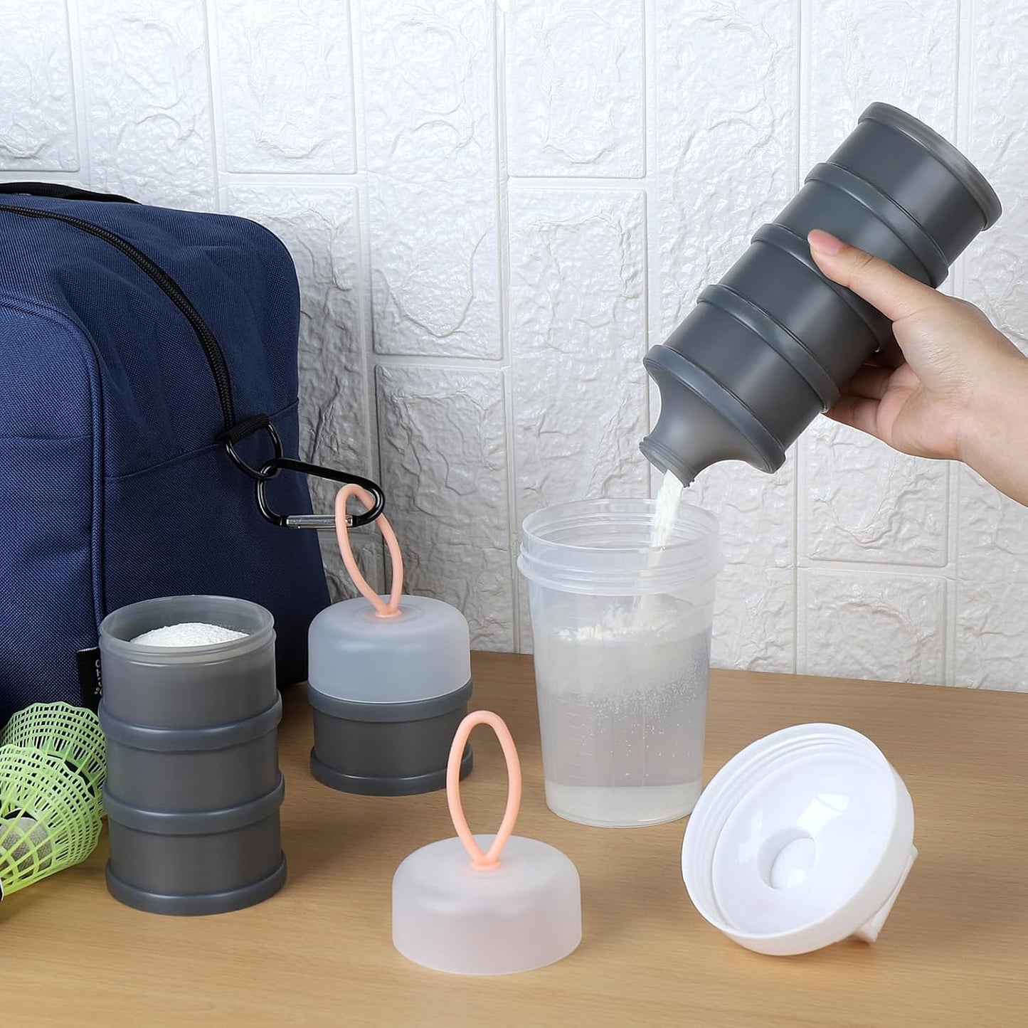 Accmor 3 Pcs Protein Powder Container to Go with Funnels Stand, 4 Compartments Stackable Protein Powder Dispenser for Workout, Fitness, Travel