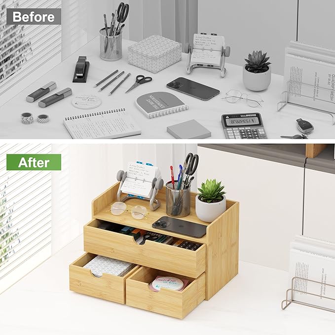 Bamboo Desk Organizer with Drawers Small Desktop Drawers for Countertop Mini Tabletop Storage Container with Drawer for Home Office No Assembly Required