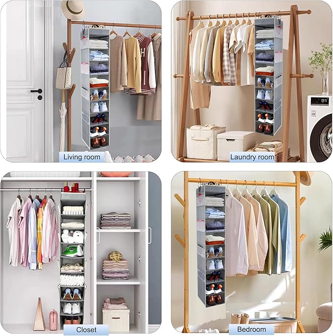2 Pack Large-Sized Hanging Shoe Organizer 10-Shelf, Sturdy Hanging Closet Organizer with 8 Side Pockets, Wider Hanging Shelves for Storage Shoes Clothes Jeans Shirts Toys, Grey.