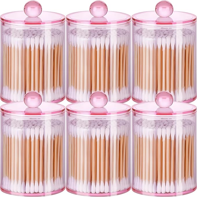 AXX Qtip Dispenser Apothecary Jars Bathroom - Qtip Holder Storage Canister Clear Plastic Jar for Cotton Swab,Q-Tips,Cotton Rounds (Pink 6Pcs)