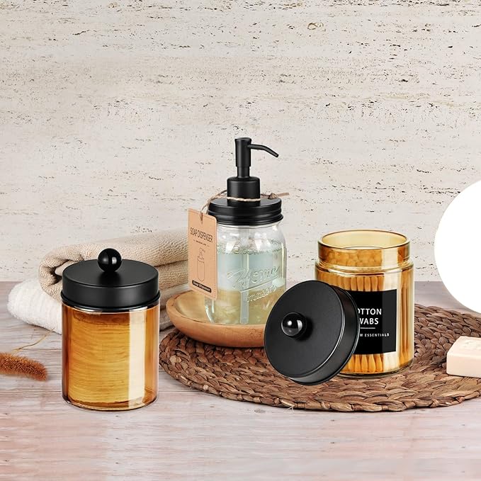 Amolliar Amber Yellow Apothecary Jar With Metal Lid & Waterproof Labels, Qtip Holder Dispenser for Cotton Swabs, Balls, Makeup Pads, Floss Picks, Countertop Bathroom Storage Canister, Black 1 Pack