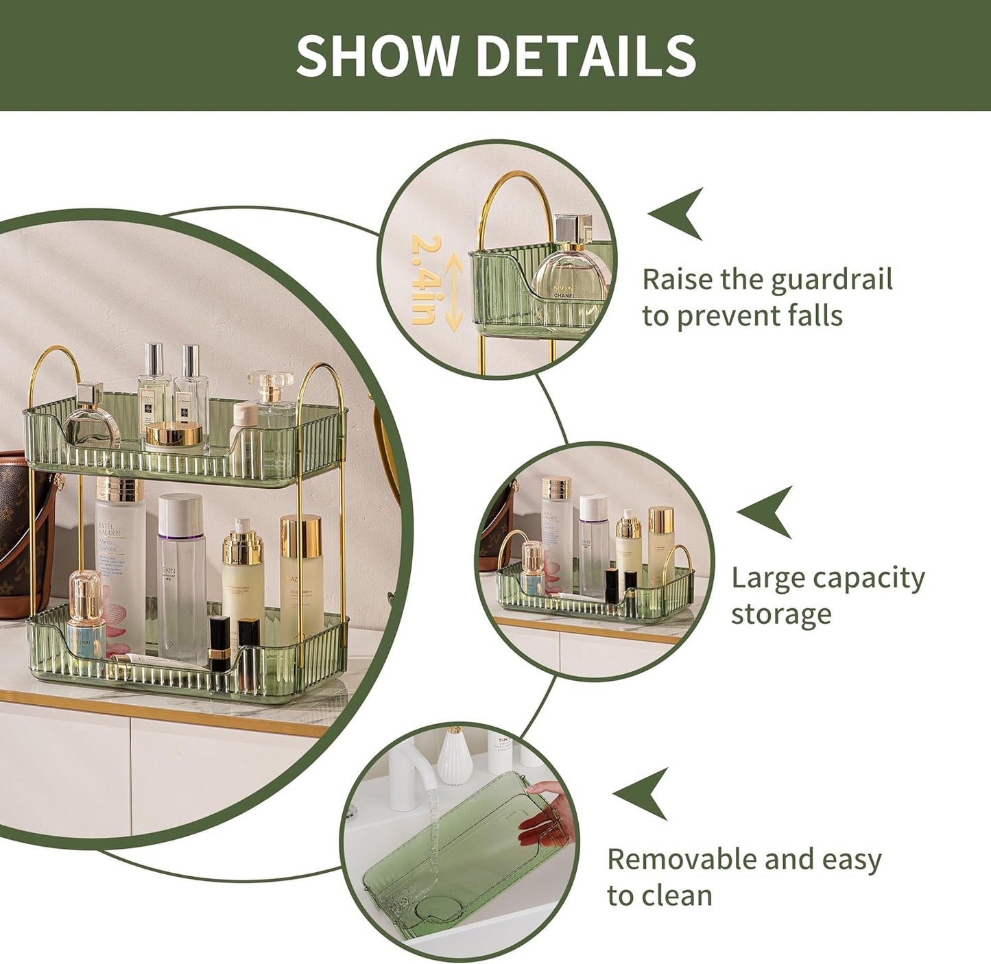 2 Tier Bathroom Organizer Countertop Makeup Perfume Tray Skincare Organizer for Bathroom Dresser Vanity (Green)