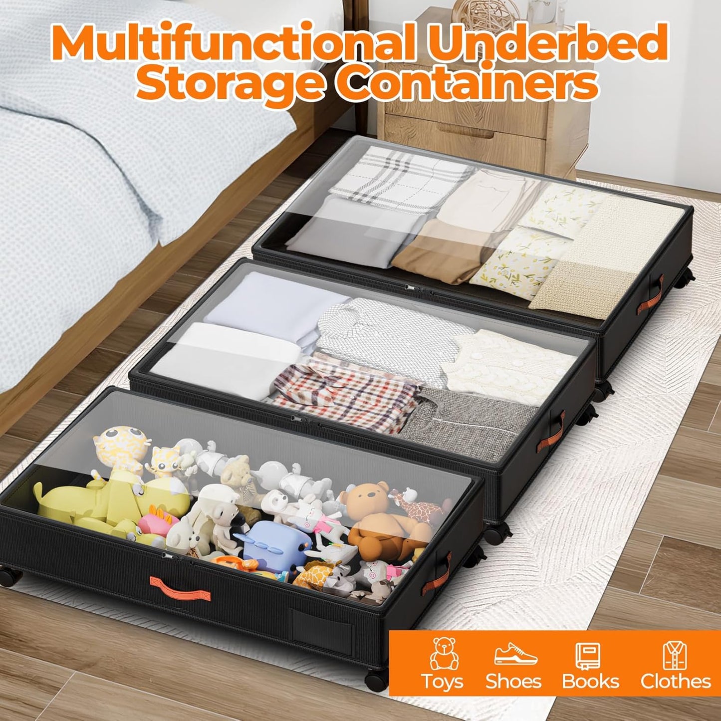 Under Bed Storage with Wheels,2-Pack Under Bed Storage Containers with Clear Lids,XXL Large Under the Bed Storage Organizer Bins With Handles,Space Saving Design for Clothes,Shoes,Books-Black