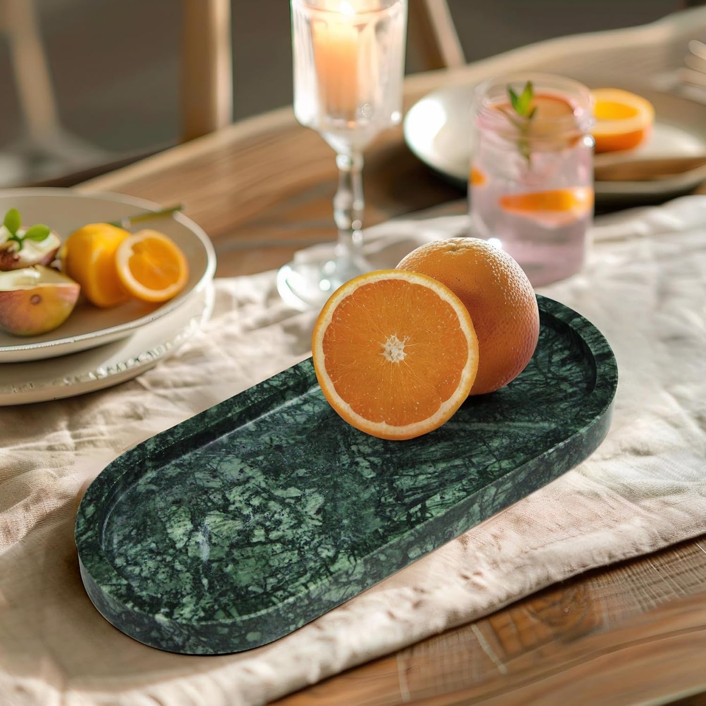 100% Natural Marble Vanity Tray for Bathroom, Luxury Indian Green Decorative Marble Oval Trays for Bathroom Countertop Storage Organizer, Vanity Dresser Kitchen Home Decor, 10.2" x 4.3", Green