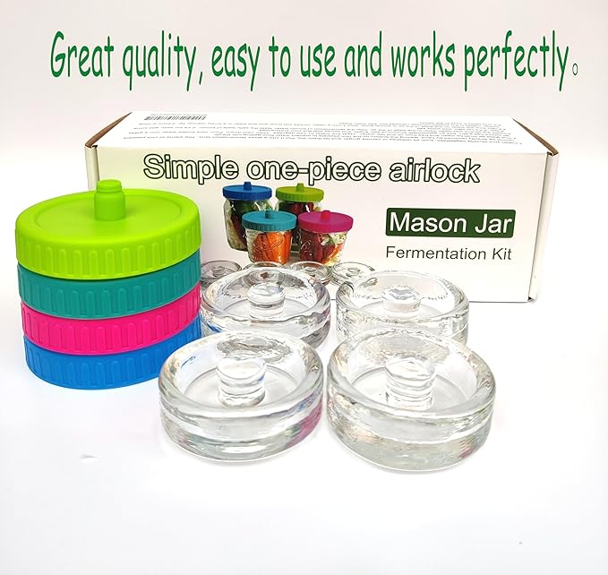Mason Jar Fermentation kit for Wide mouth Mason Jar with 4 Glass Weight and 4 Fermenter Caps Pickle Pipes -Jars Not Included(Without pounder)