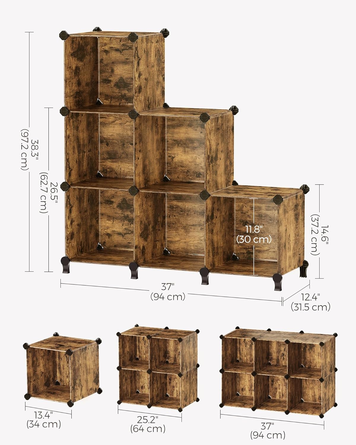 SONGMICS 6 Cube Storage Organizer, Modular Bookshelf, DIY Closet Organizers and Storage, Plastic Stackable Shelves, 11.8 x 11.8 x 11.8 Inch Cubes, with Feet and Rubber Mallet, Rustic Brown ULPC111A01