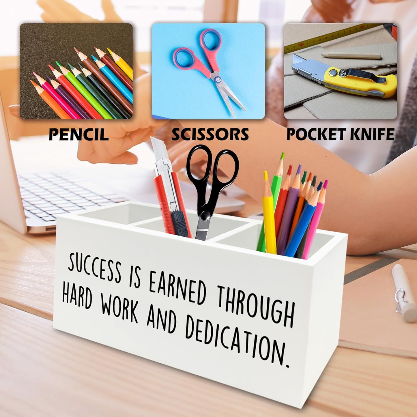 Motivational Gifts Pen Pencil Holder Organizer for Desk, Success Is Earned Through Hard Work and Dedication Inspirational Wooden Box Signs Decorations for Home Office Desk Tabletop