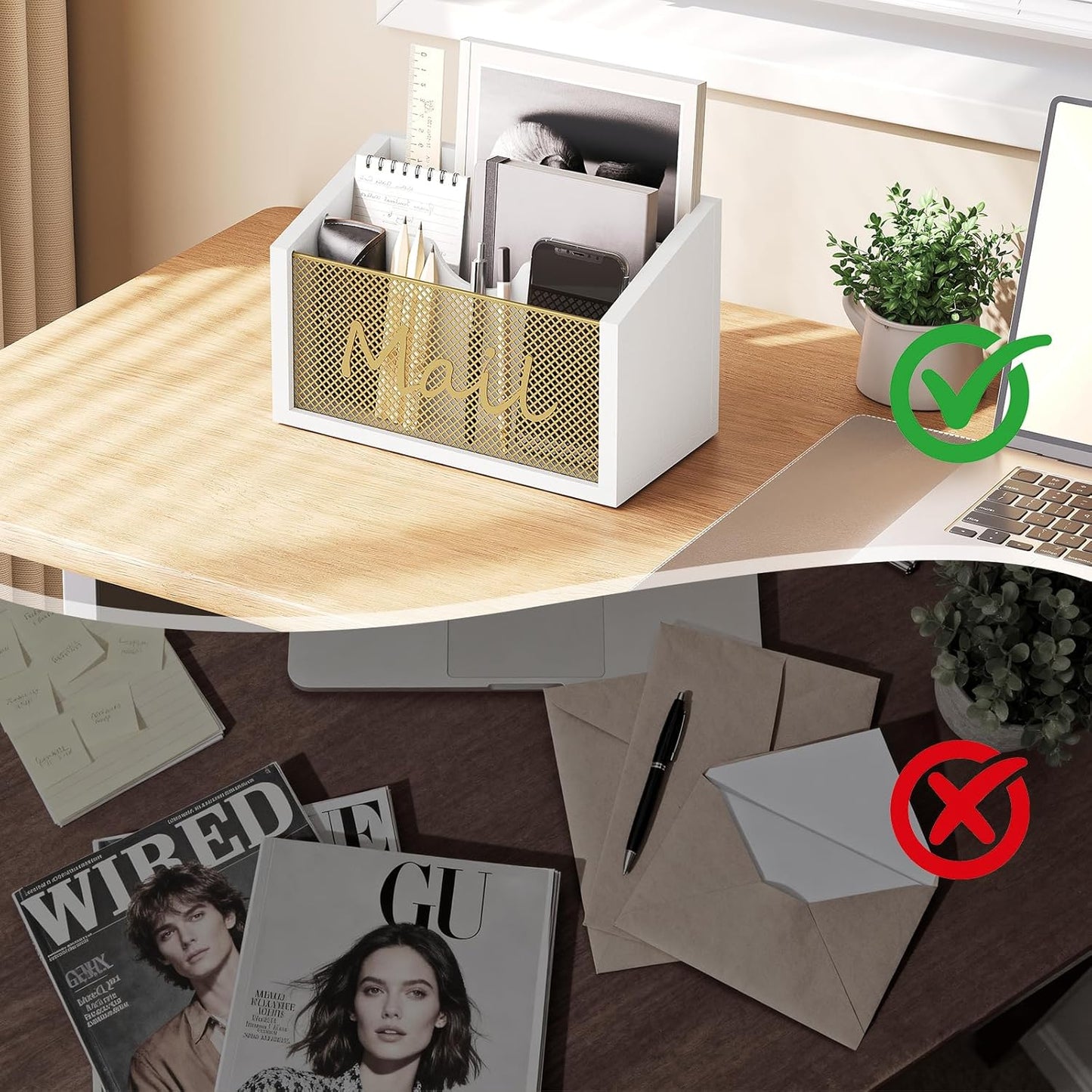 Mail Organizer Countertop, Mail Holder with 3 Slots, Mail Sorter for Desk, Wooden Office Desk Organizer, Mail Organizer for Magazines, Files, Papers, Folders, White and Gold MR03DW
