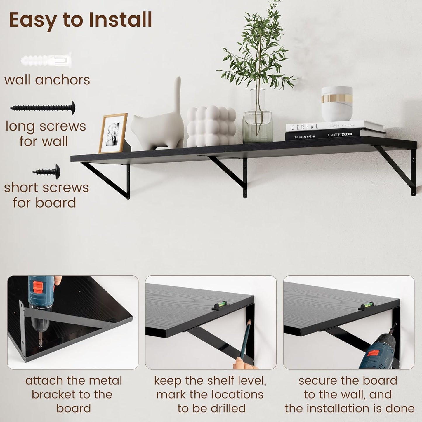 Axeman Floating Shelves for Wall Black- 55 Inch Wide x 12 Inch Deep Wall Shelves Set of 2 - Black Deep Wood Floating Shelves for Living Room Bedroom Laundry Room