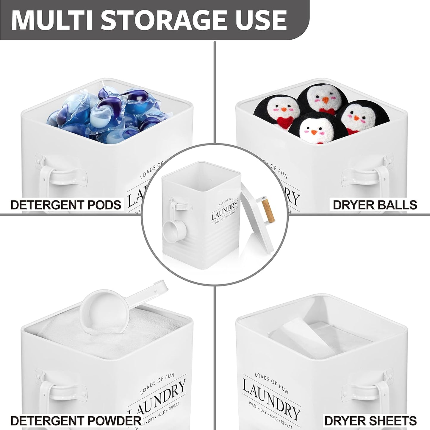 Calindiana Modern Farmhouse Metal Laundry Soap Dispenser with Scoop for Decor and Space Saving Organization, White