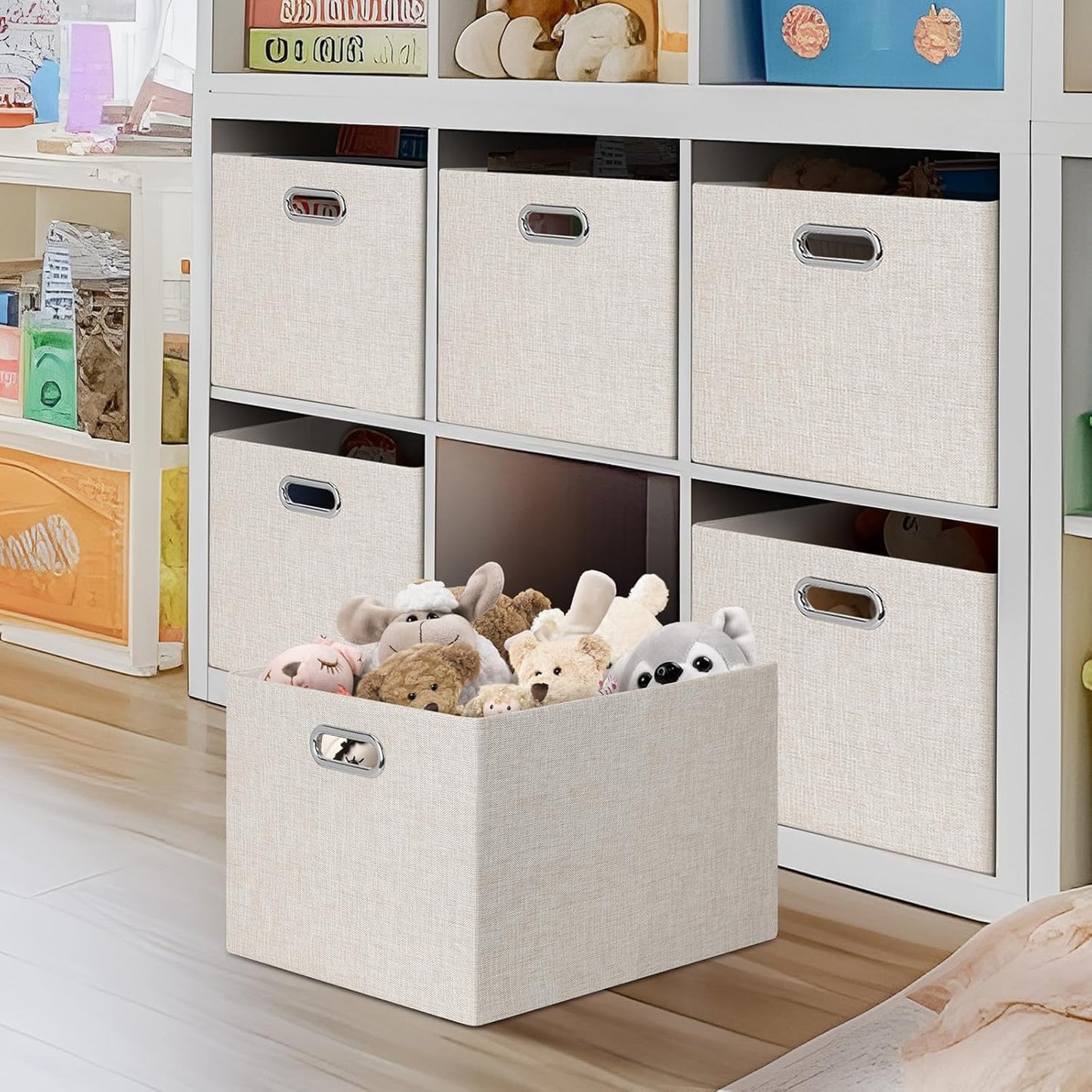 Posprica Closet Storage Bins, 4 Pack Large Closet Shelf Organizers, Linen Fabric Decorative Storage Baskets for Organizing, Foldable Storage Box for Clothes, Toy, 16.5x12x10.25 Inch (Beige)