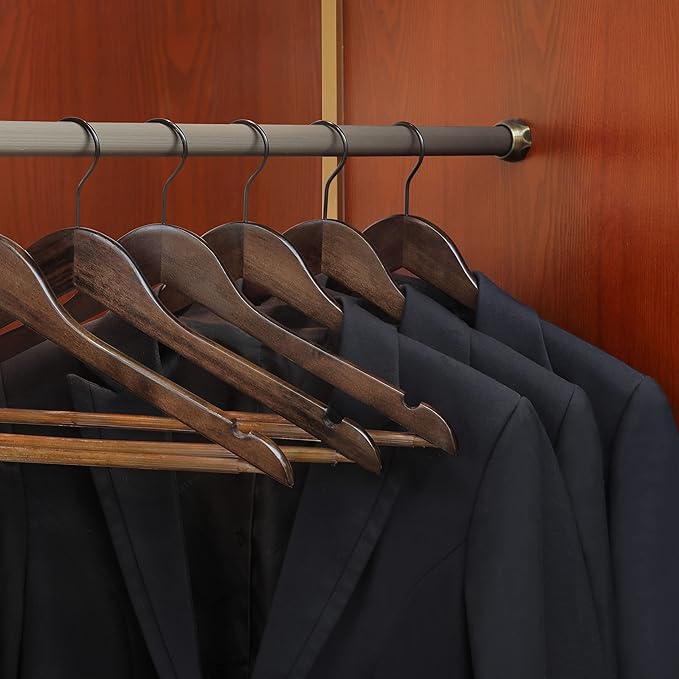 TOPIA HANGER Heavy Duty Wood Coat Hangers in Smooth Retro Finish, Boutique Quality Wooden Suit Hangers-Thicker Non-Slip Rubber Pants Bar and Extra Smoothly Cut Notches-360° Black Hook-18 Pack CT04A