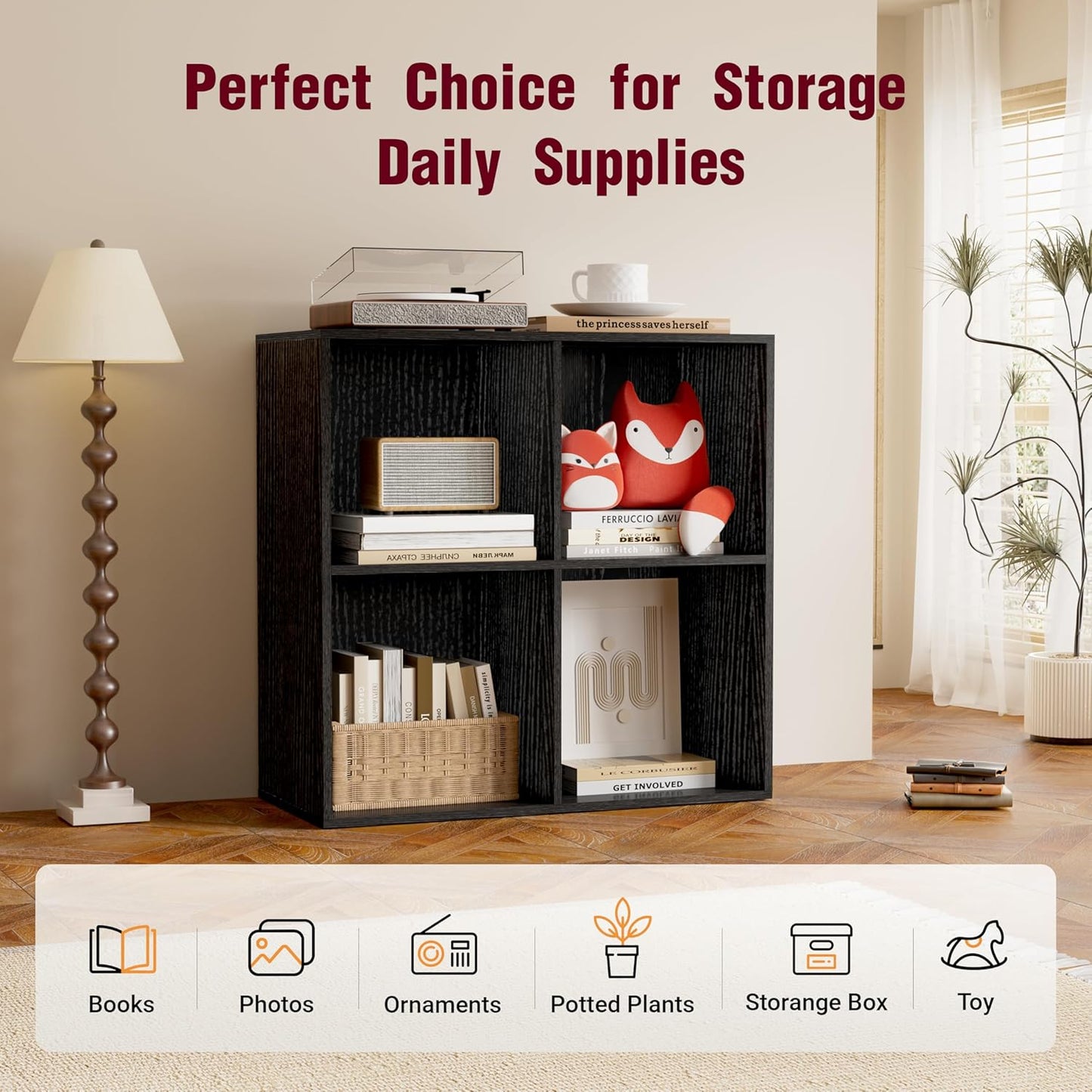 Book Shelf, Wooden Cube Storage Organizer with 11" Open Cubes, Stackable Modular Bookcase for Room Divider Storage, Bookshelf for Living Room, Bedroom, Office (Black, 6-Cube)