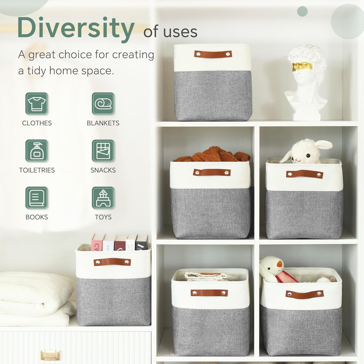 Cube Storage Baskets 6 Pack, 11x11 inch Foldable Cube Storage Bins with Leather Handles for Shelf Closet Nursery Toys (White/ Gray)