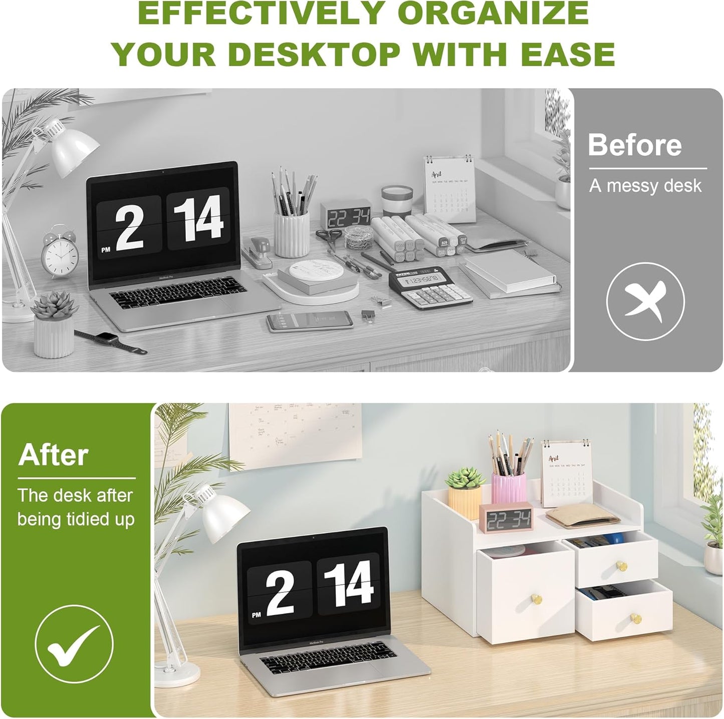 Bamboo Desk Organizer with Drawers Wooden Desktop Storage Drawers for Bills Office Supplies Kitchen Utensils Organizing Tool for Home Classroom Organization No Assembly (3 Drawer, White)