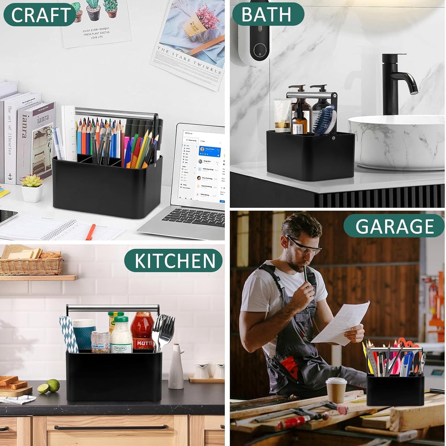 Black Shower Caddy Portable: Plastic Bathroom Caddy Countertop,Cleaning Caddy Organizer with Handle,Utility Hard Shower Basket Storage Tote for Toiletry,College Dorm Room Essential for Guys/Men