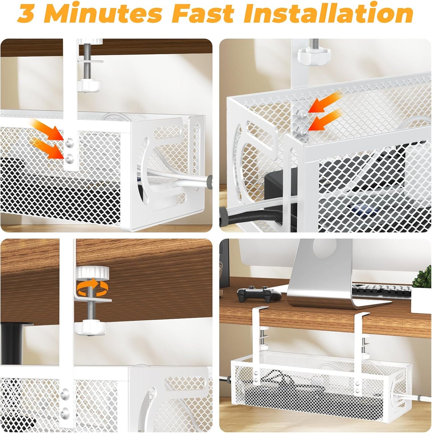 Under Desk Cable Management Tray, 15.7'' No Drill Steel Desk Cable Organizers, Wire Management Tray Cable Management Rack (2 Packs-White)