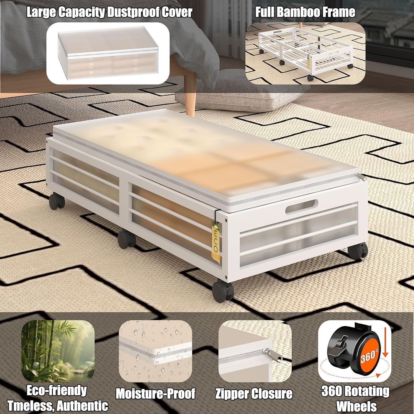 Bamboo Underbed Storage Containers with Wheels & Bag 2 Pack, Large Under Bed Rolling Storage Bins Wood Under Bed Clothes Storage Stackable Drawers for Bedroom Closet Under Crib Toy(White)