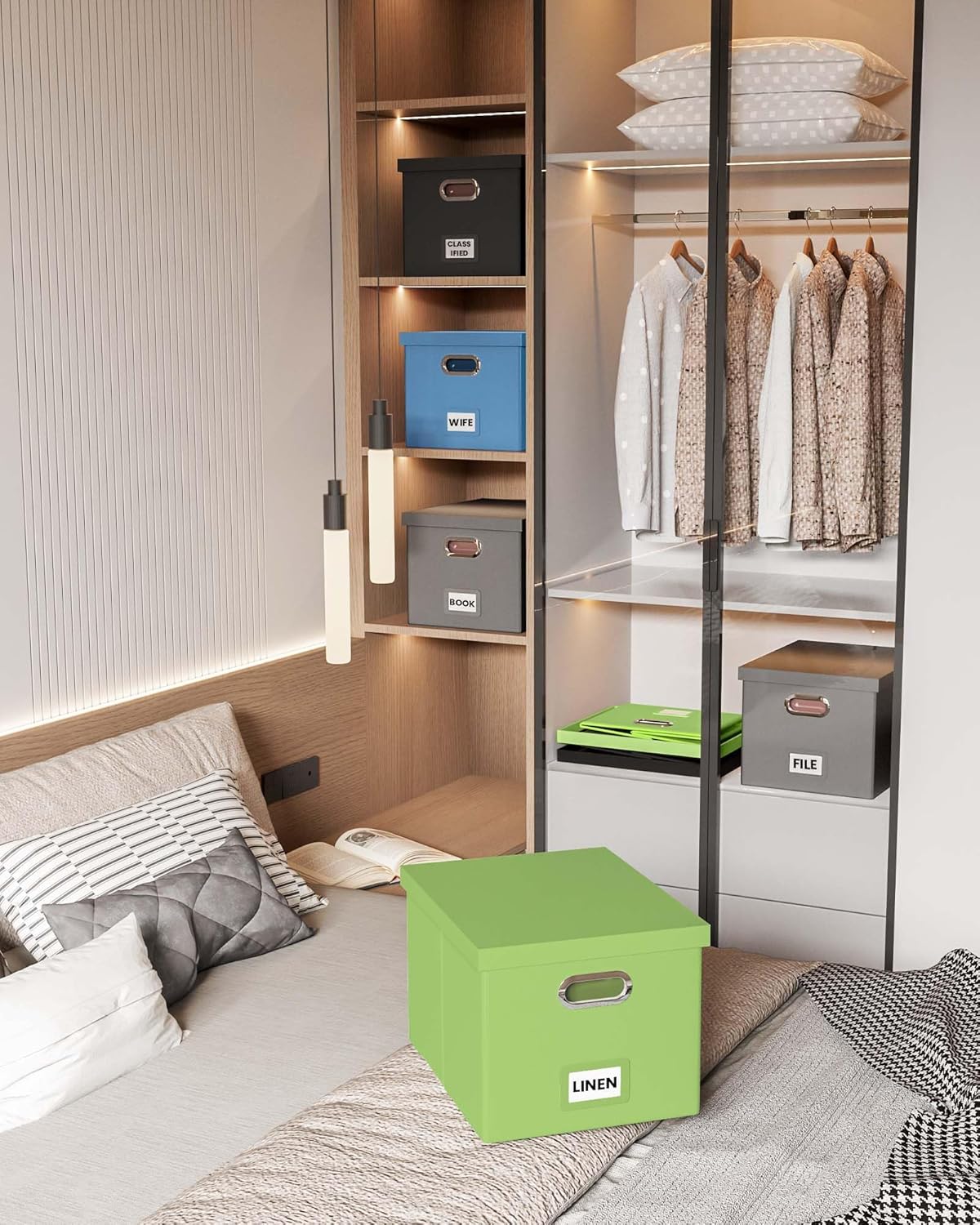 2 Pack File Storage Organizer, Portable File Box with Lid, Fit for Letter/Legal File Folder Storage, Fruit-green(Leather) Box