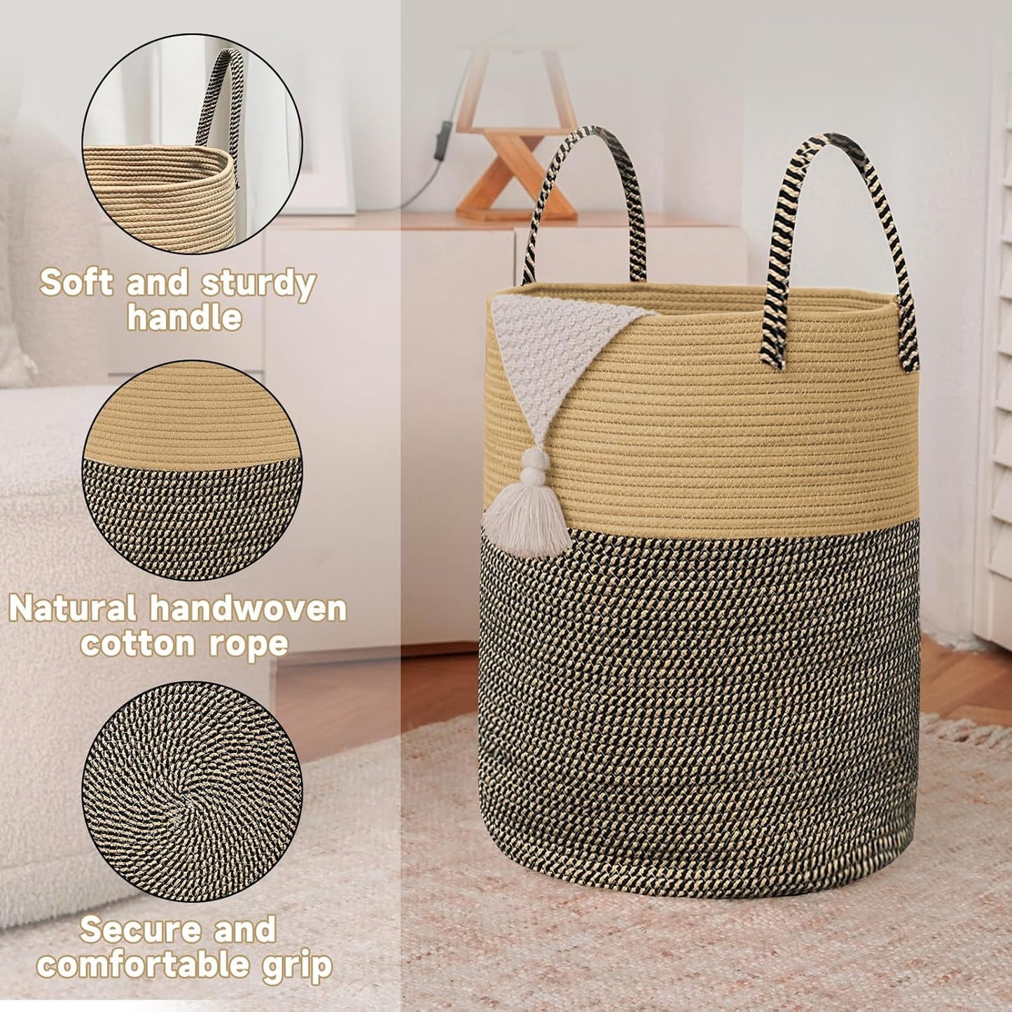 Large Woven Laundry Basket Hamper,60L Cotton Rope Storage Bin for Blankets,Toys and Clothes,Decorative Tall Nursery Hamper for Living Room,Baby Nursery,Bathroom and Bedroom,Brown and Black